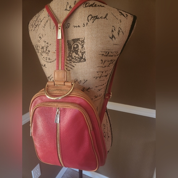Valentina Red Pebbled Leather Backpack with Gold Zipper Strap - Picture 1 of 14